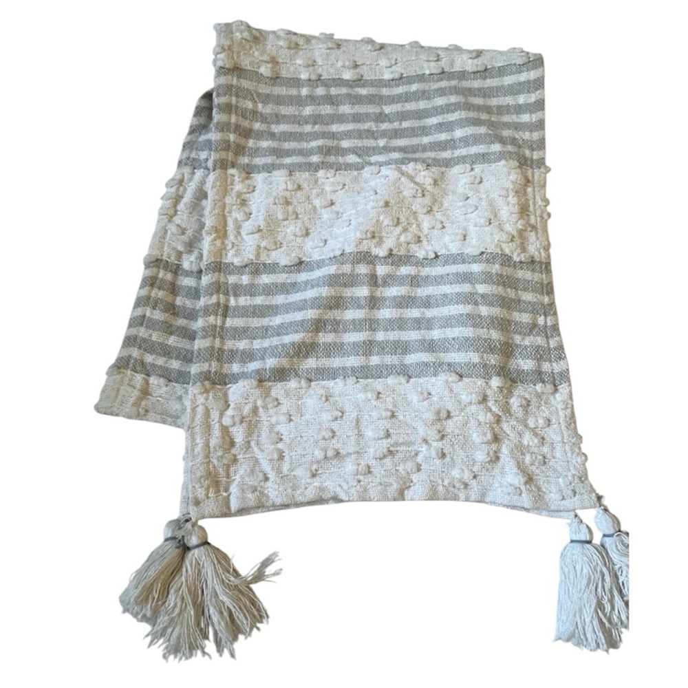 Magaschoni Boho Table Runner White & Gray Textured Stripe with Tassels 92" X 16”